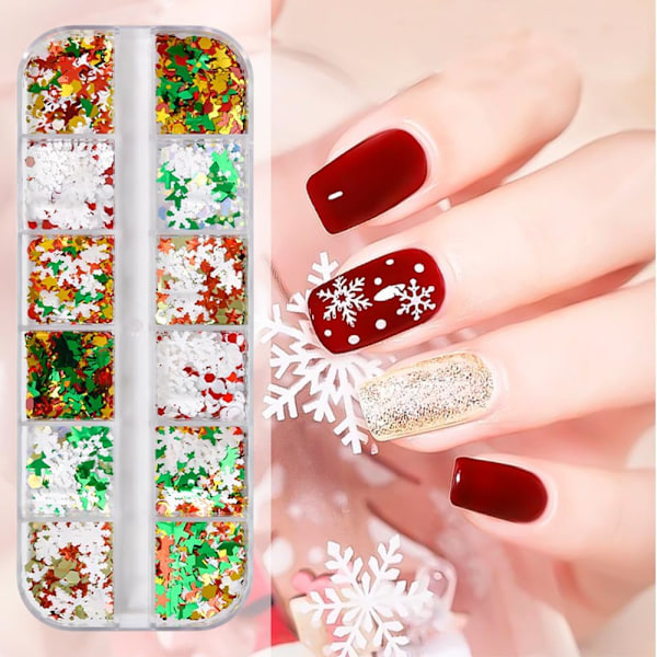 12 rutnät jul snöflingor nagelkonst glitter nagelpaljetter, jul glittrande snöflinga glitter nagelflinga jul nagelkonfetti paljett för