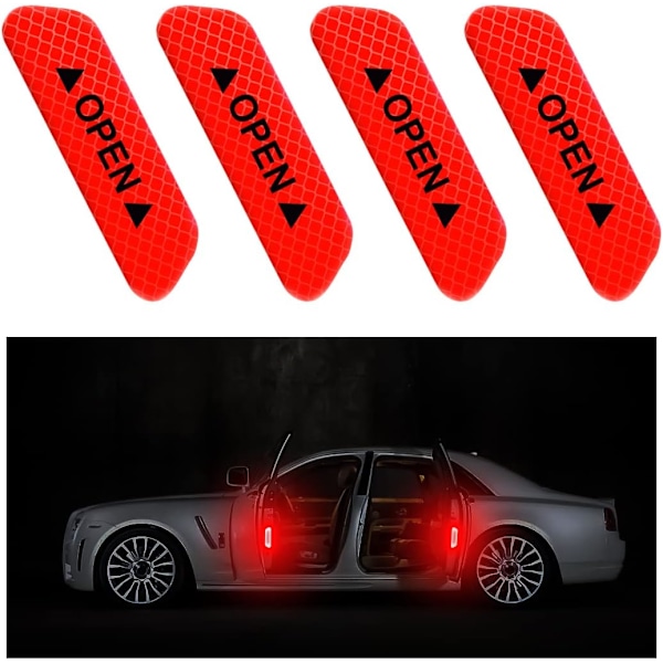 4 PCS Car Door Open Warning Reflective Stickers, Night Visibility Auto Safety Prompt Decals, Anti-Collision Protective Strip(Red)