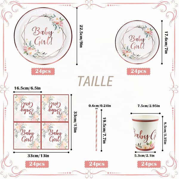 Sett med dekorerte tallerkener til babyshower (120 deler)