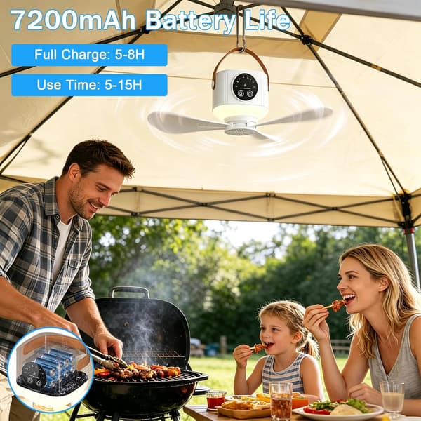 Bærbar campingventilator med LED-lys; 7200 mAh USB genopladelig loftventilator