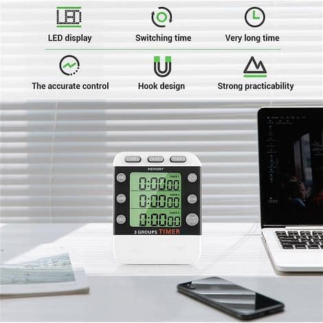 3-kanals timer med nedräkning/snabbspolning framåt, trippel koktimer, display, högljutt larm