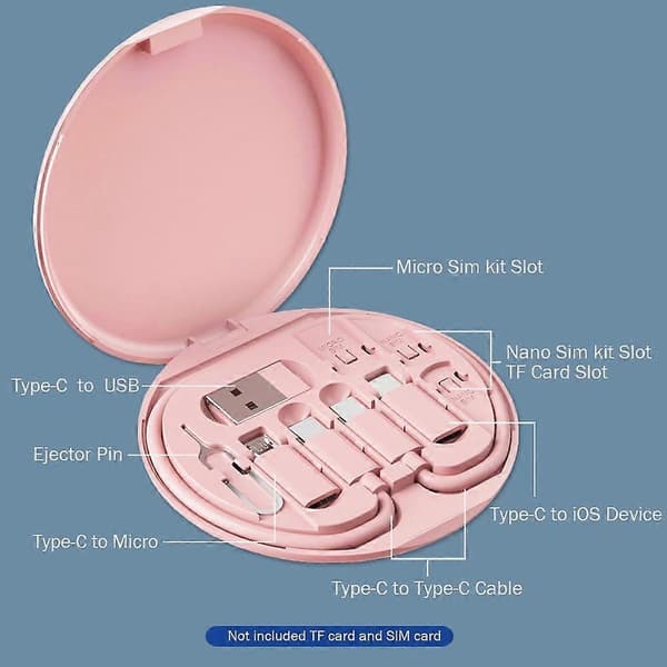Multi USB-laddningsadapterkabelkit, reseladdaradapterkit, typ C till Micro, USB-C till IOS-adapter, dataöverföring, kortförvaring, telefonhållare Pink