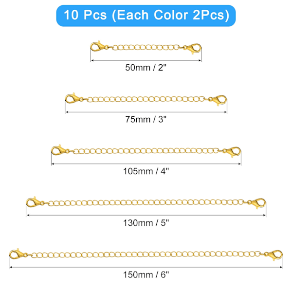 10-pakning Halskjedeforlengere Forlengelseskjeder med Hummerlåser, 5 Størrelser Gull