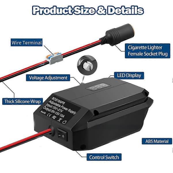 Til Bosch 18V batteri, 18V til 12V Power Wheels batteriadapter, Step Down Converter Regulator Black