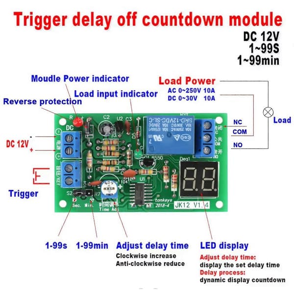 2X DC12V LED Display Nedtælling Timing Timer Forsinkelse Sluk Relæ Modul Green