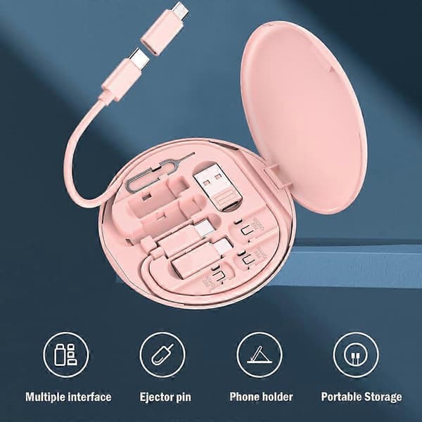 Multi USB-laddningsadapterkabelkit, reseladdaradapterkit, typ C till Micro, USB-C till IOS-adapter, dataöverföring, kortförvaring, telefonhållare Pink