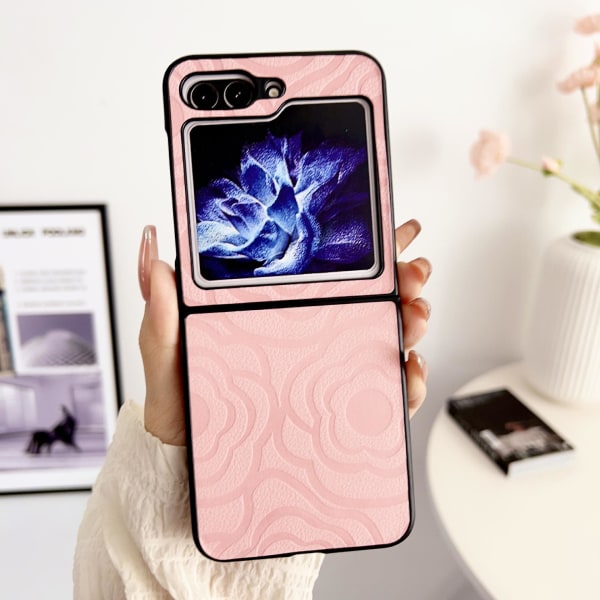 Z Flip 5 Case, Pu Läder Emboss Flowers Stötsäkert Case För Samsung Galaxy Z Flip 5 Pink