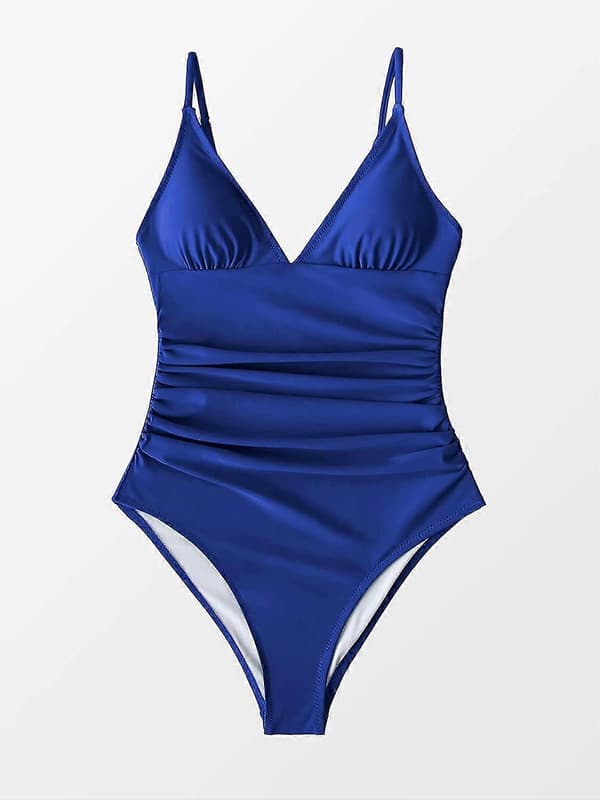 Badedrakt for kvinner, hel, V-hals, magekontroll, rynket front, lav rygg Deep Blue XL