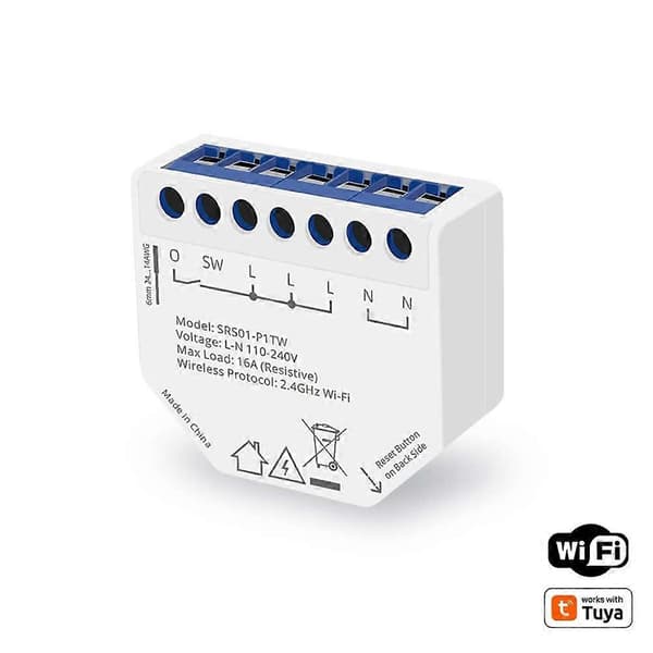 2-vejs 16A WiFi Smart Relæ med Strømovervågning Mini Størrelse Afbrydermodul Kompatibel med Tuya Smart Life APP Blanc