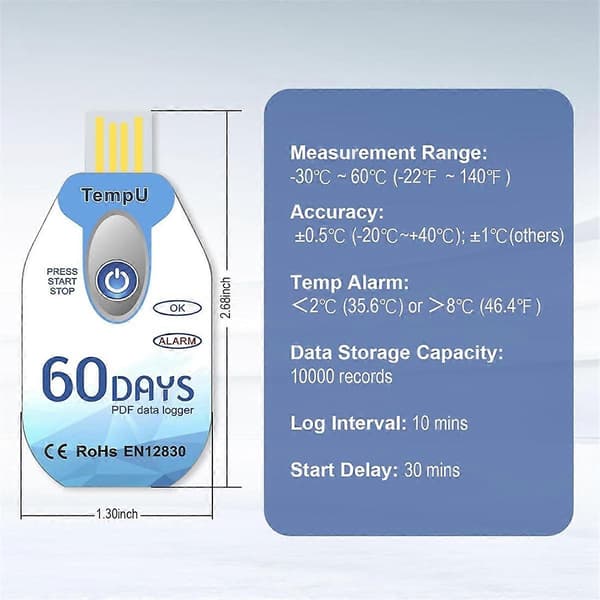 Engangs USB temperaturdatalogger PDF, TempU02 termometeropptaker, 60-dagers batterilevetid for kaldt vær