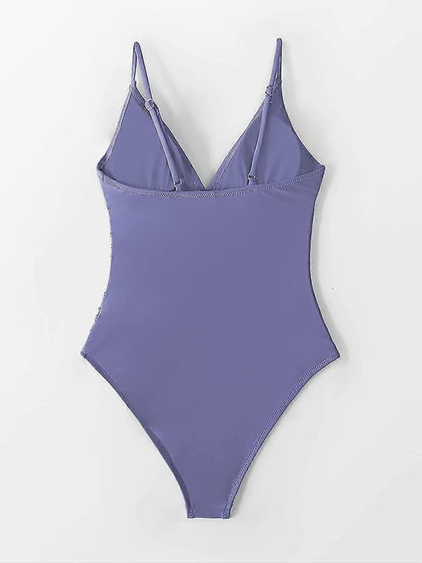 Badedrakt for kvinner, hel, V-hals, magekontroll, rynket front, lav rygg Purple M