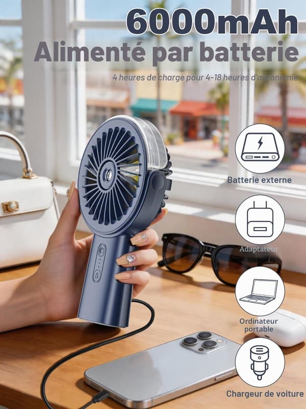 Bärbar fläkt med dimfunktion, mini USB uppladdningsbar fläkt, blå