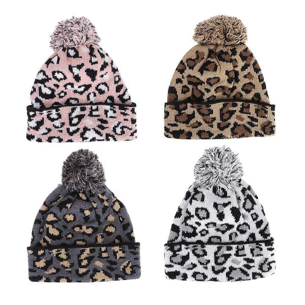 Stickad Mössa 1st Khaki Beanieluva med Leopardberlock för Vintervärme Khaki 23*20*0.5cm