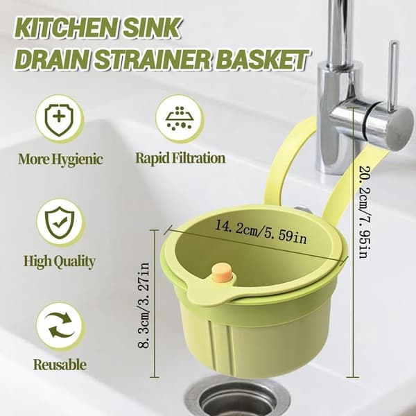 Self-Cleaning Sink Strainer Basket - Hanging Kitchen Drain Strainer, Multifunctional Dish and Fruit Colander, Green
