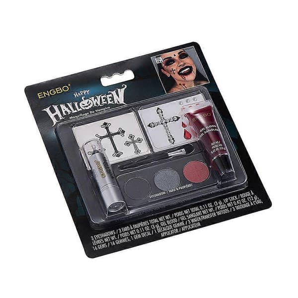 Halloween vampyr makeup sæt, Halloween make-up sæt til voksne, Halloween make-up med kunstigt blod, ansigtsmaling, sort læbestift 1 Set