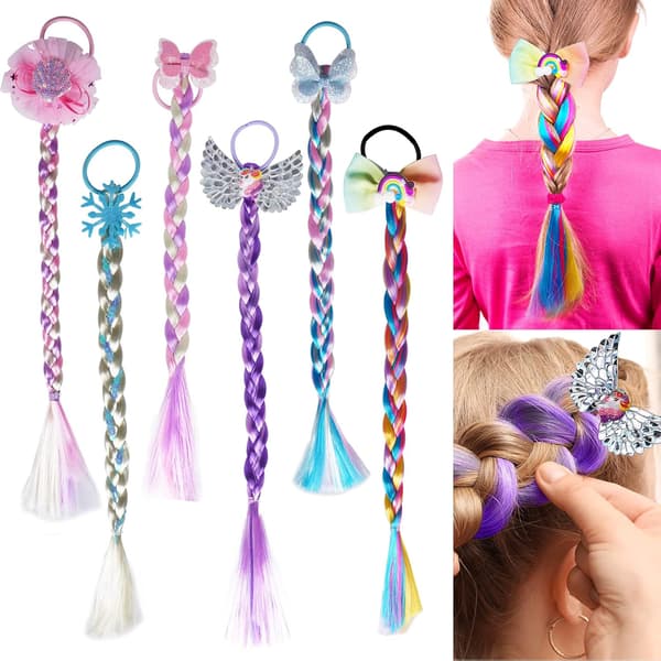 Hårförlängningar med färgade flätor för barn med elastiska band (6 stycken)