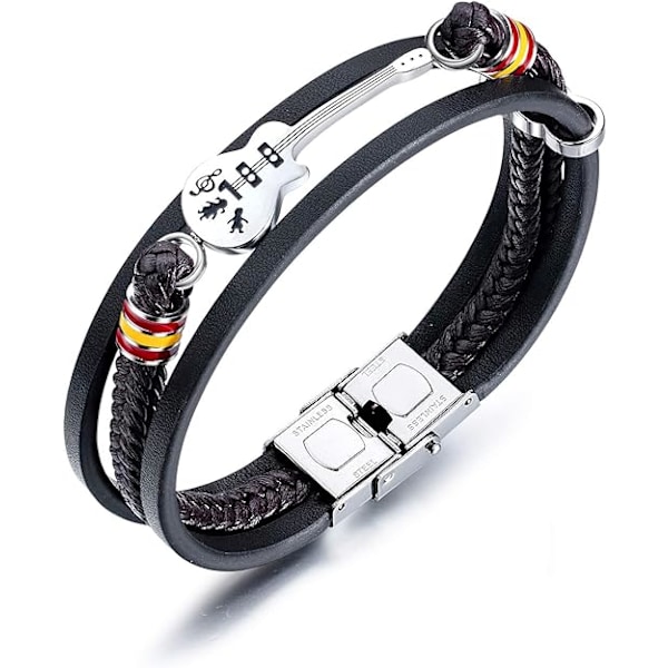 Men's Braided Leather Bracelet Stainless Steel Guitar Bracelet with Safety Buckle Black