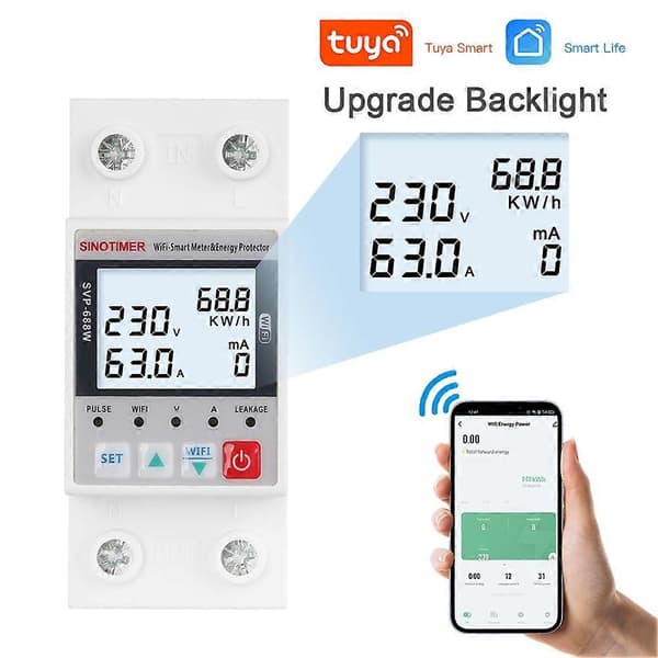 SINOTIMER TUYA 63A AC 220V WiFi Smart Jordfelsbrytare Över-/Underspänningsskydd Relä Energimätare kWh Switch Timer