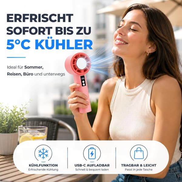 Bærbar ventilator med integreret kølefunktion (pink)