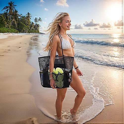 Mesh strandtaske med lynlåslomme, stor mesh mulepose til kvinder, afslappet skuldertaske til sommer Black