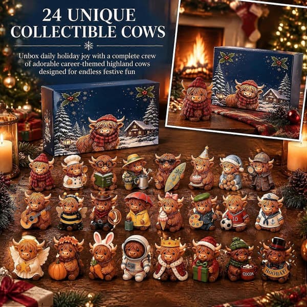 Julekalender, 24 stk. samleobjekter Highland Cow minifigurer, nedtelling til jul blindboks-gave til festdekorasjon 1 ensemble