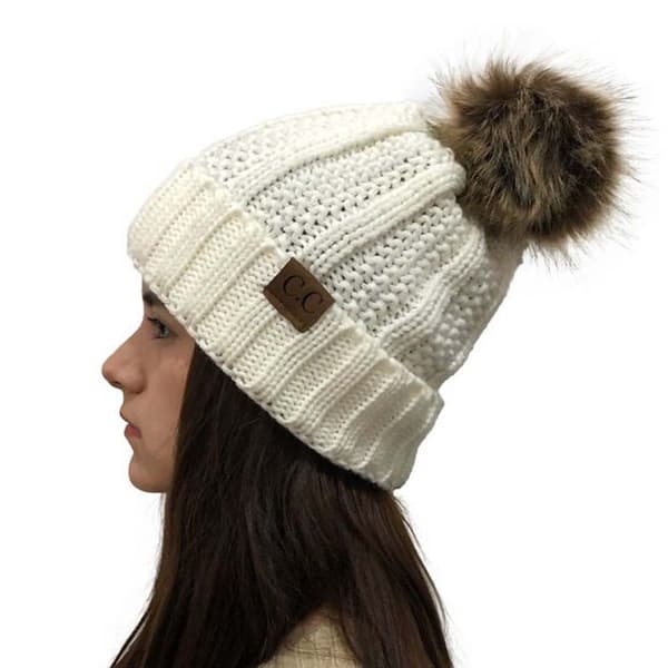 Dam Vinter Ribbstickad Mössa Crossover Mössa Chunky Kabelstickad Pom Pom Mjukisolerad Hatt (Svart)