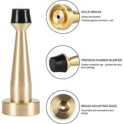 Robust dørstopper i massiv messing med gummiknopper, 8 cm