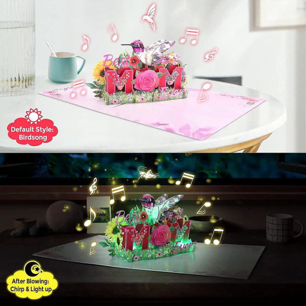 Mors dag Pop Up-kort, Lätt musik Blåsbara 3D-hälsningskort för mamma, Pop Up Blombukettkort Glad Mors Dag G för mor/tjej present SWHY