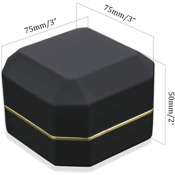 Luksuriøs ringæske, firkantet etui Smykkegaveæske med LED-lys til bryllupsforlovelse, sort
