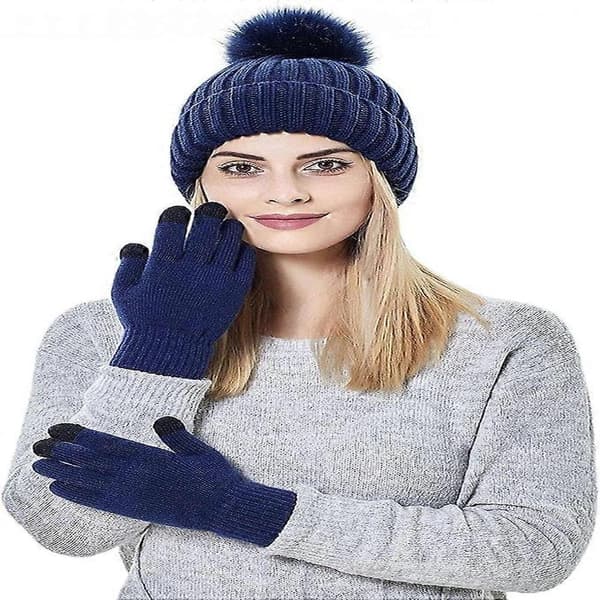 Vintermössa för damer - Toffsmössa dam vinter, handskar - Varm stickad mössa - Vintermössa: Stickad mössa fleecefoder beanie toffsmössa fuskpäls pompom