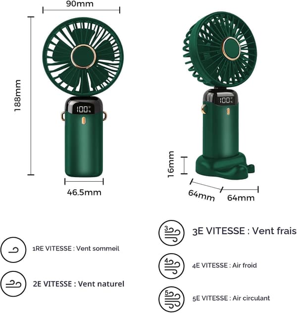 USB genopladelig bærbar ventilator (5 hastigheder) (Grøn)