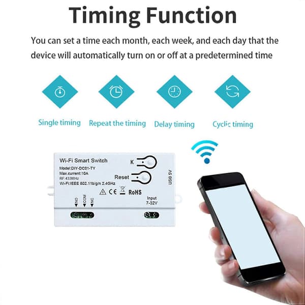 2X Tuya WiFi Smart Switch Timer 1CH 7-32V USB 5V 2.4G WiFi Smartlife Home Automation Modul til Alexa Google Home IFTT White