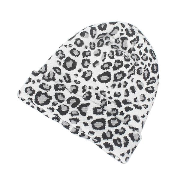Hvit Leopard Ullstrikket Lue for Vintervarme og Mote