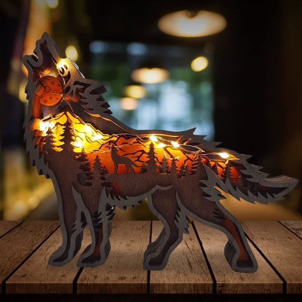 3d snidade varghantverk i trä, julhantverk för djur på skrivbordet med ledlampor (varg)