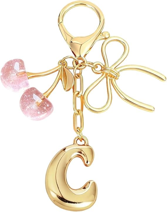 Bokstavsberlock B med rosett och körsbär, söt handväskaccessoar, rosa version