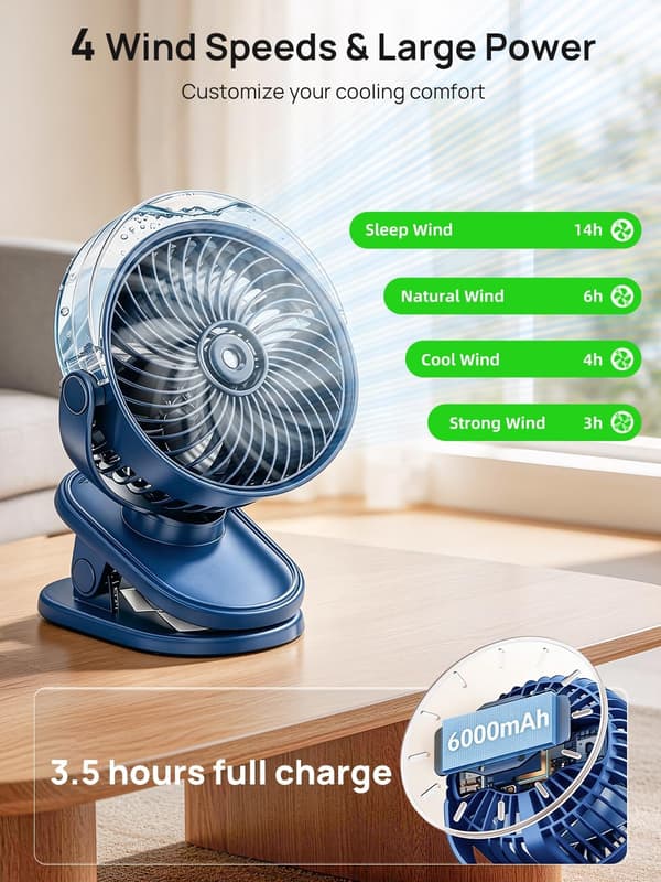 Clip-on ventilator med forstøverfunktion, lille bærbar USB genopladelig ventilator