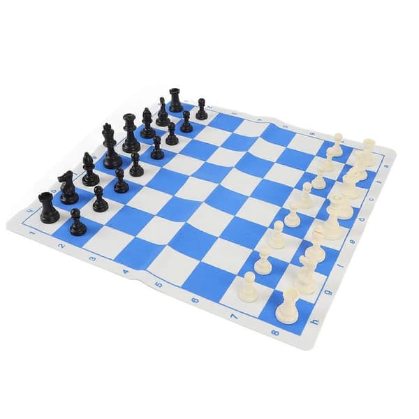 Schackspel 42 cm blått och vitt rullbart PU-schackbräde 75 mm plastschackpjäser med filtstoppning