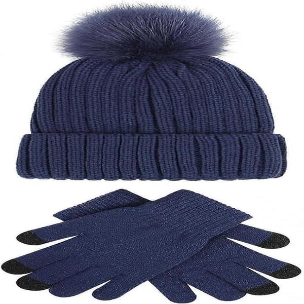 Vintermössa för damer - Toffsmössa dam vinter, handskar - Varm stickad mössa - Vintermössa: Stickad mössa fleecefoder beanie toffsmössa fuskpäls pompom