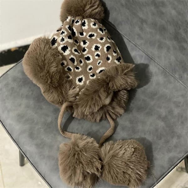 Handstickad Leopardmönstrad Mössa Varm Ullstickad Hatt Flätad Stickad Hatt Utomhustrend Casual Varm Hatt Höst Vinter Rosa Brown