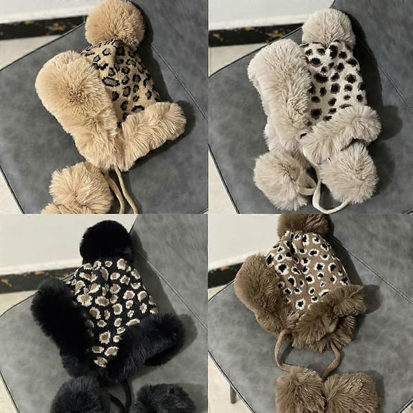 Handstickad Leopardmönstrad Mössa Varm Ullstickad Hatt Flätad Stickad Hatt Utomhustrend Casual Varm Hatt Höst Vinter Pink