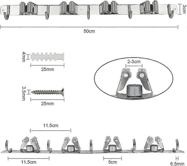 Veggmontert holder for mopp og kost
