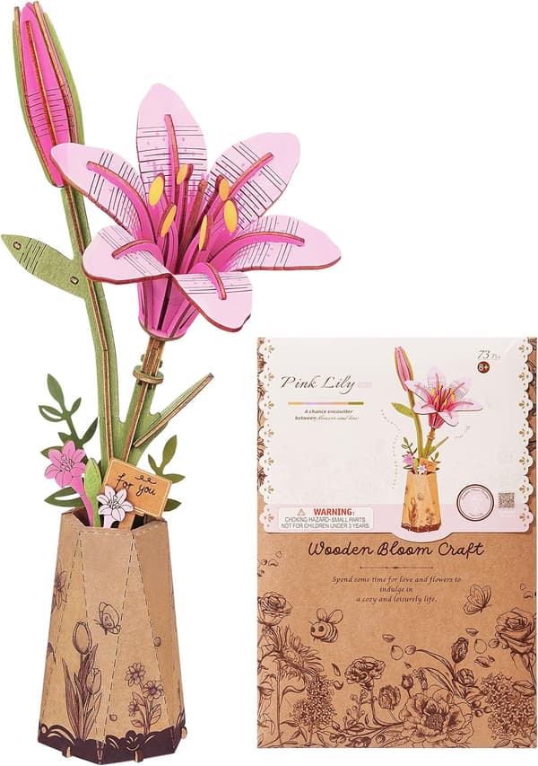 3D träpussel med blommor, trämodell att montera för vuxna (rosa lilja)