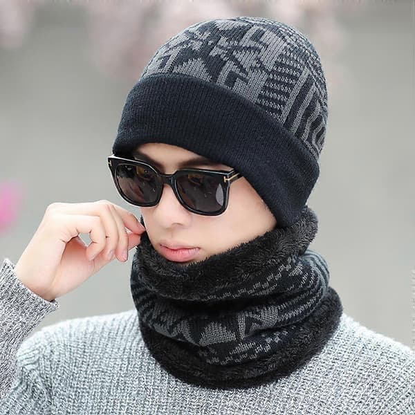 Skjerf- og hattsett for menn, vintervarme, 3 stk. svart strikket hodeplagg Black M
