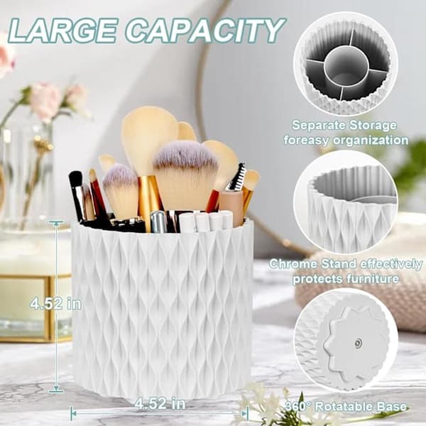 Makeup Storage Brush Holder 360° Rotating Cosmetic Organizer Large Capacity Storage Box – White