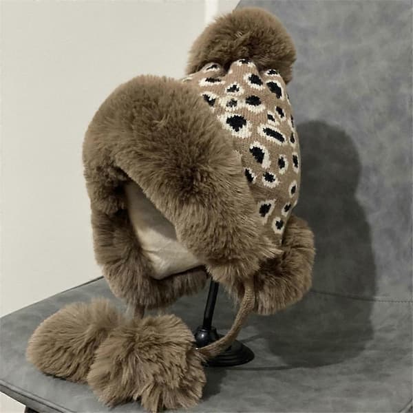 Handstickad Leopardmönstrad Mössa Varm Ullstickad Hatt Flätad Stickad Hatt Utomhustrend Casual Varm Hatt Höst Vinter Rosa Black