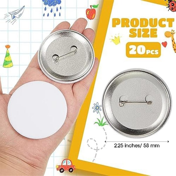 20 kpl tee-se-itse -valkoisia nappitappeja, 2,25 tuuman/58 mm:n tyhjä askartelunappi joulun askartelutarvikkeille, tee-se-itse -merkit Silver