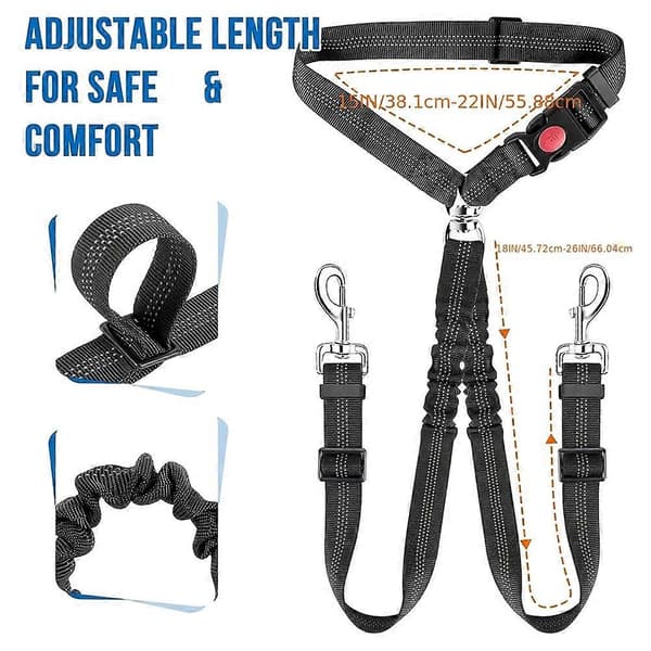 Hundsäkerhetsbälte för bil, justerbart hundsele med elastisk bungee-buffert, 2-i-1 husdjursfäste för hundsäkerhet Black