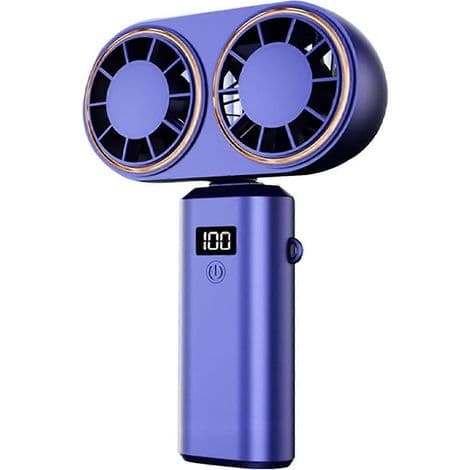 USB oppladbar bærbar vifte, doble vifter, digitalt display, oppladbart batteri, kongeblå