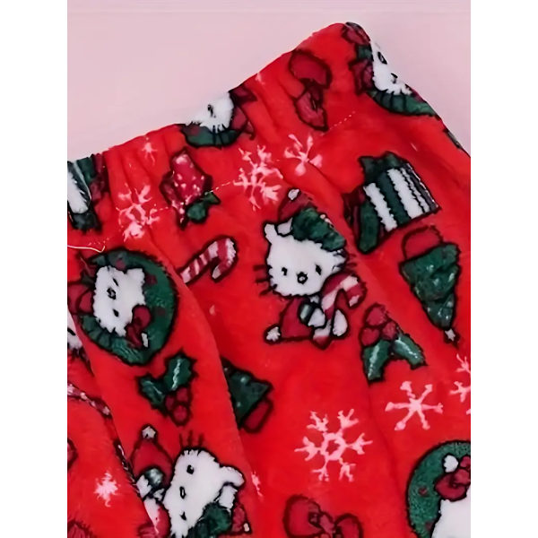Cartoon KT katt pyjamas tjocka damer höst och vinter plus sammet varm fritids hem graffiti flanell byxor red XXL