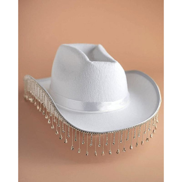 Hvit cowboyhatt for kvinner, med glitrende strassdusker